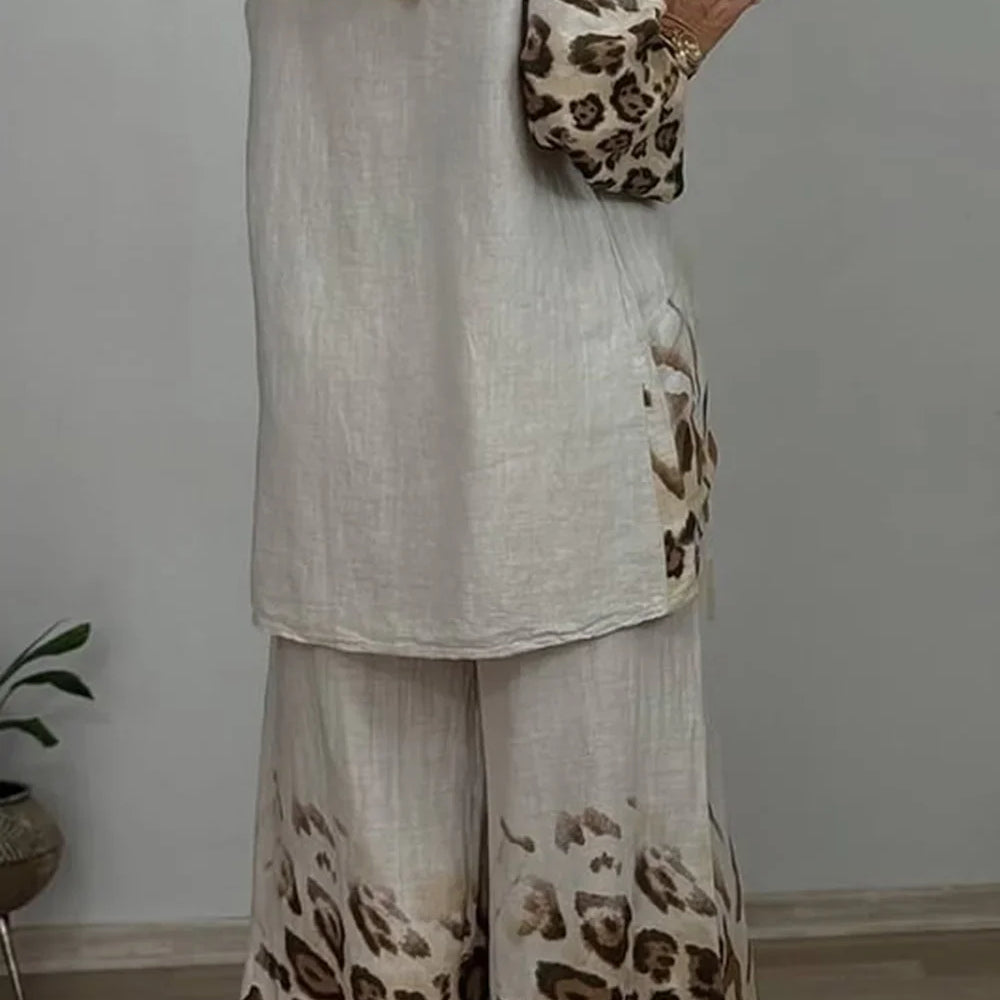 Women's Plus Size Casual Two Piece Set Leopard 3/4 Sleeve Crew Neck Tops T-Shirt Elastic Waist Straight Loose Pockets Pants Sets