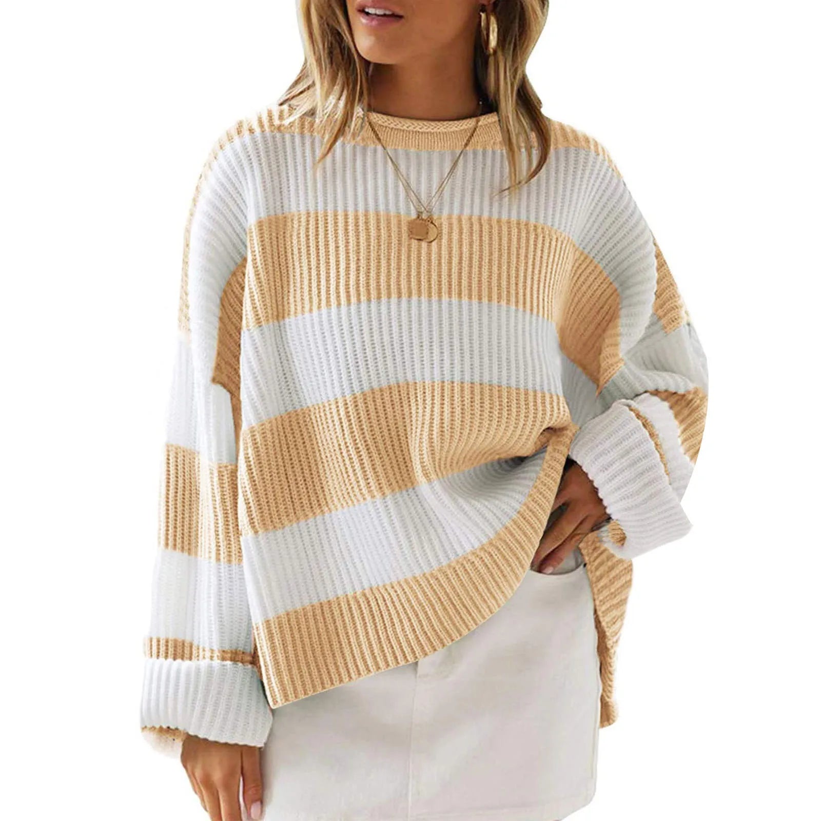 Women Stripe Print Cable Knit Round-Neck Long Sleeve Sweaters Fall Winter Loose Sweater Thick Cozy Chunky Knitwear Yellow