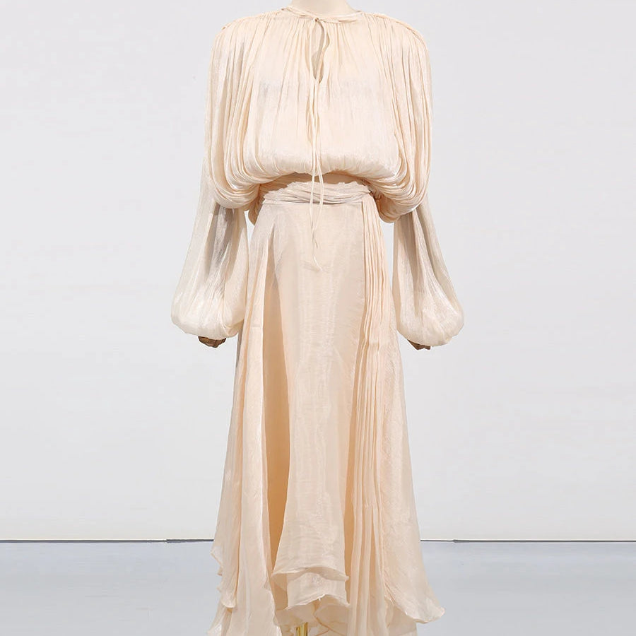 Solid Loose Spliced Folds Elegant Dresses for Women Round Neck Long Sleeves Patchwork Lace Up Dress Female Fashion APRICOT