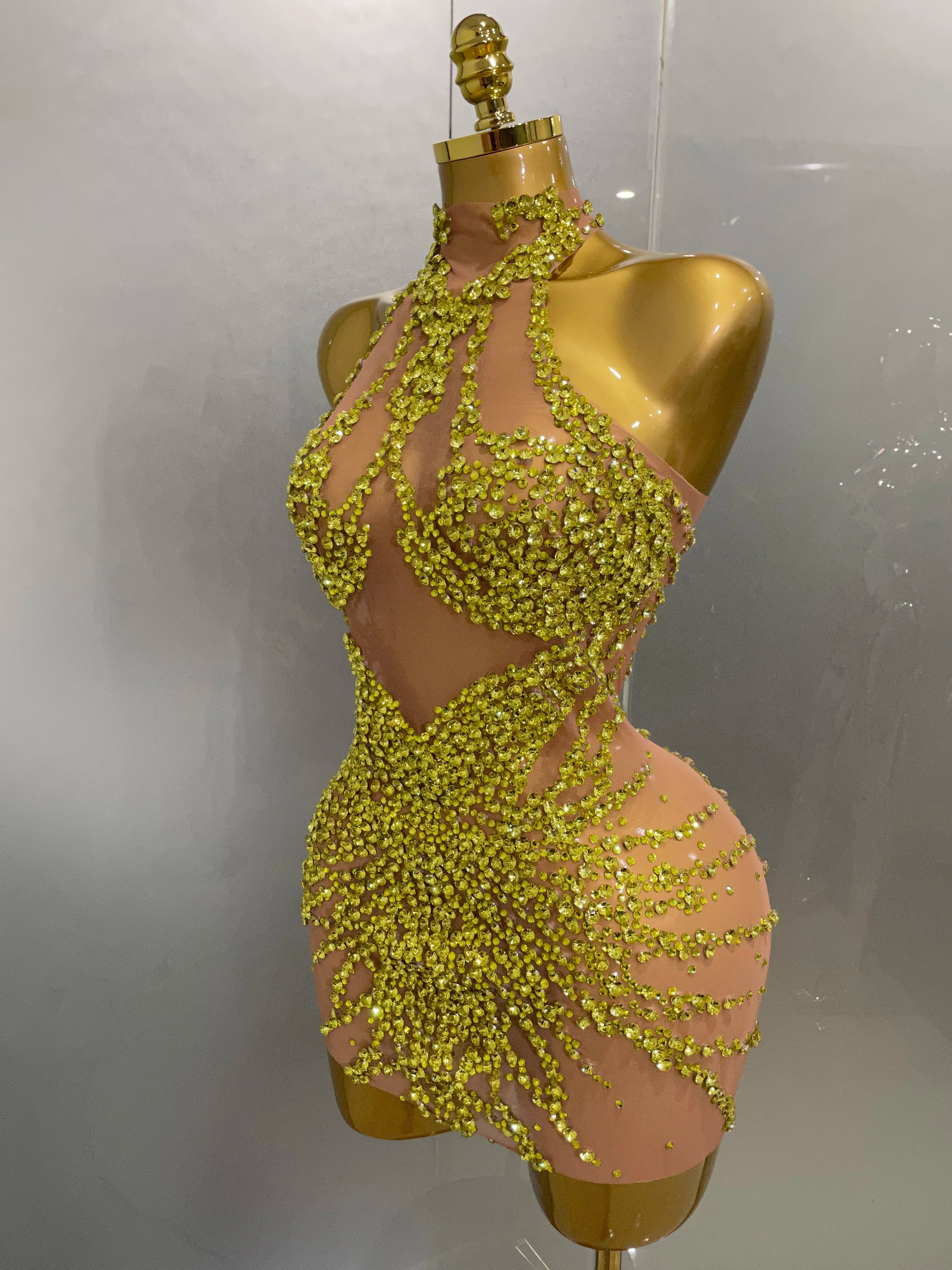 Luxury Sparkle Rhinestones Mesh Transparent Prom Dress 2025 New Women Sexy Birthday Celebrate Party Club Prom Outfit Bar Costume