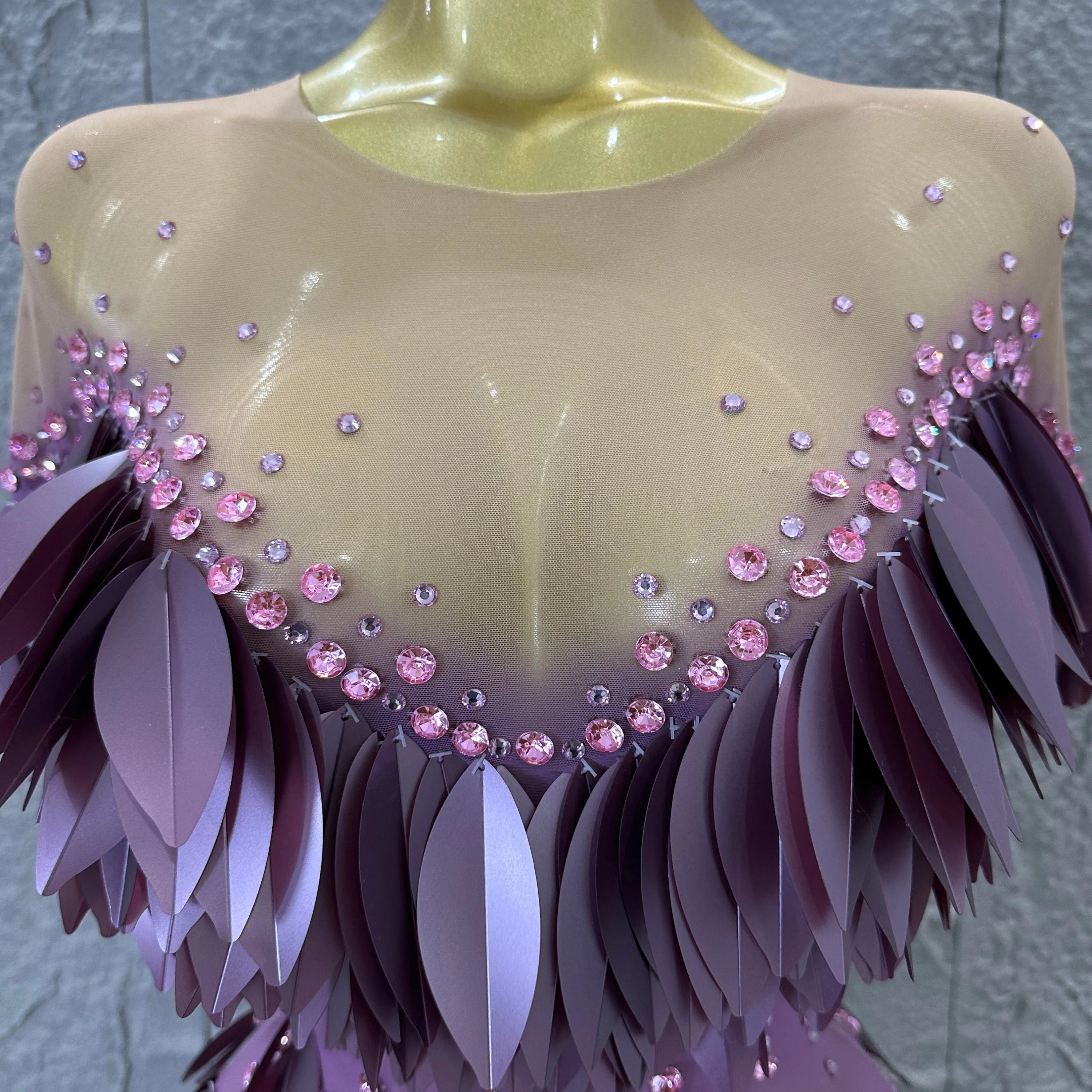 Sparkly 2026 Purple Sheer Mesh Dress Women Sexy Illusion Neck Rhinestone 3D Leaf Fringe Bodycon Evening Gala Nightclub Outfit