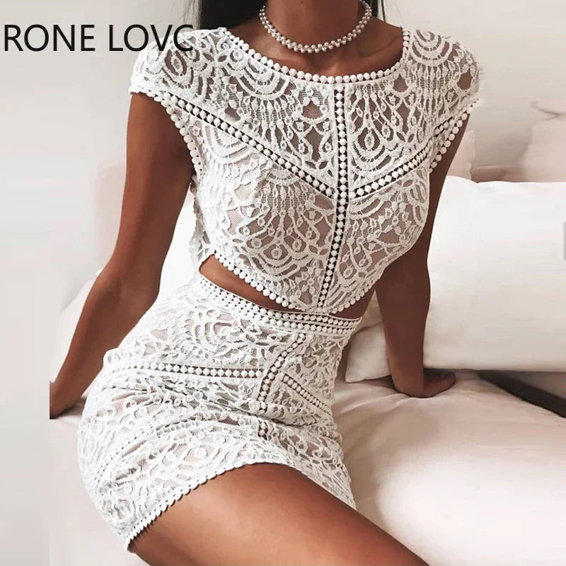 Women Solid Crochet Lace Mesh Mini Dress Elegant Fashion Chic Dress Bodycon Dress WHITE