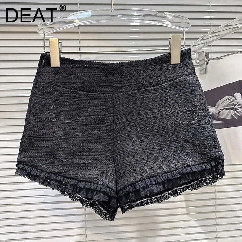 Winter New Sweet Fashion Style Lace Ruffle Hem Woolen Shorts For Women Solid Color Versatile Short Pants 11A07813