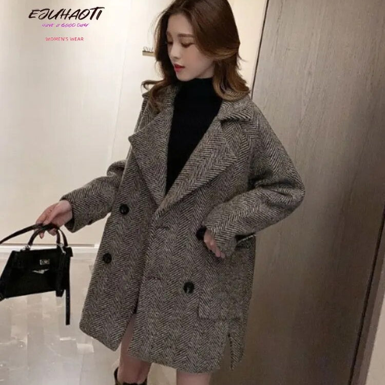 Woolen Cloth Women's Coat 2024 Autumn Winter Korean British Style Retro Thicken Mid Length Version Woman Clothing