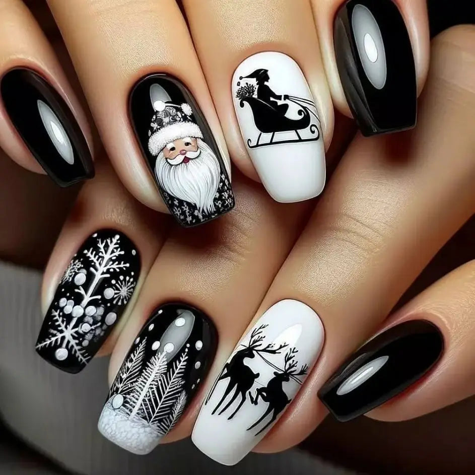 2025 Merry Chrismas Press on Nails Cute Snowman Elk Santa Claus Print Fake Nail Tips Wearable Long Coffin False Nails for Girls