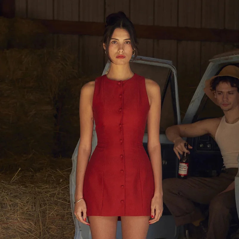 Fashion Sleeveless Sexy Mini Dress For Women New O Neck Single-btrasted Bodycon Club Party Tank Dress Femme Clothes Red