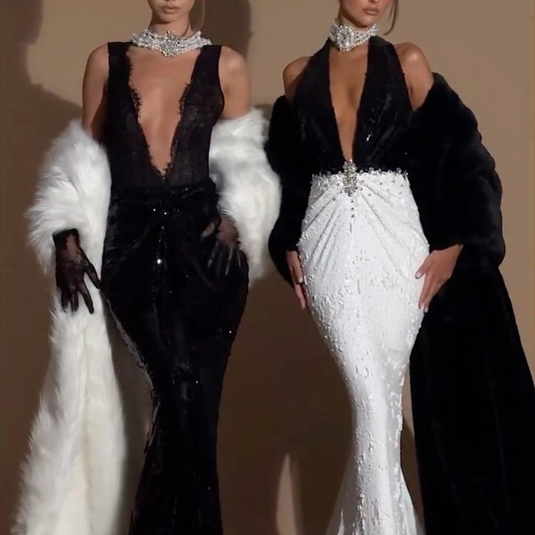 Alluring Black Sequin Deep V Neck Backless Lace Design Mermaid Dress for Party Dinner Evening Gown