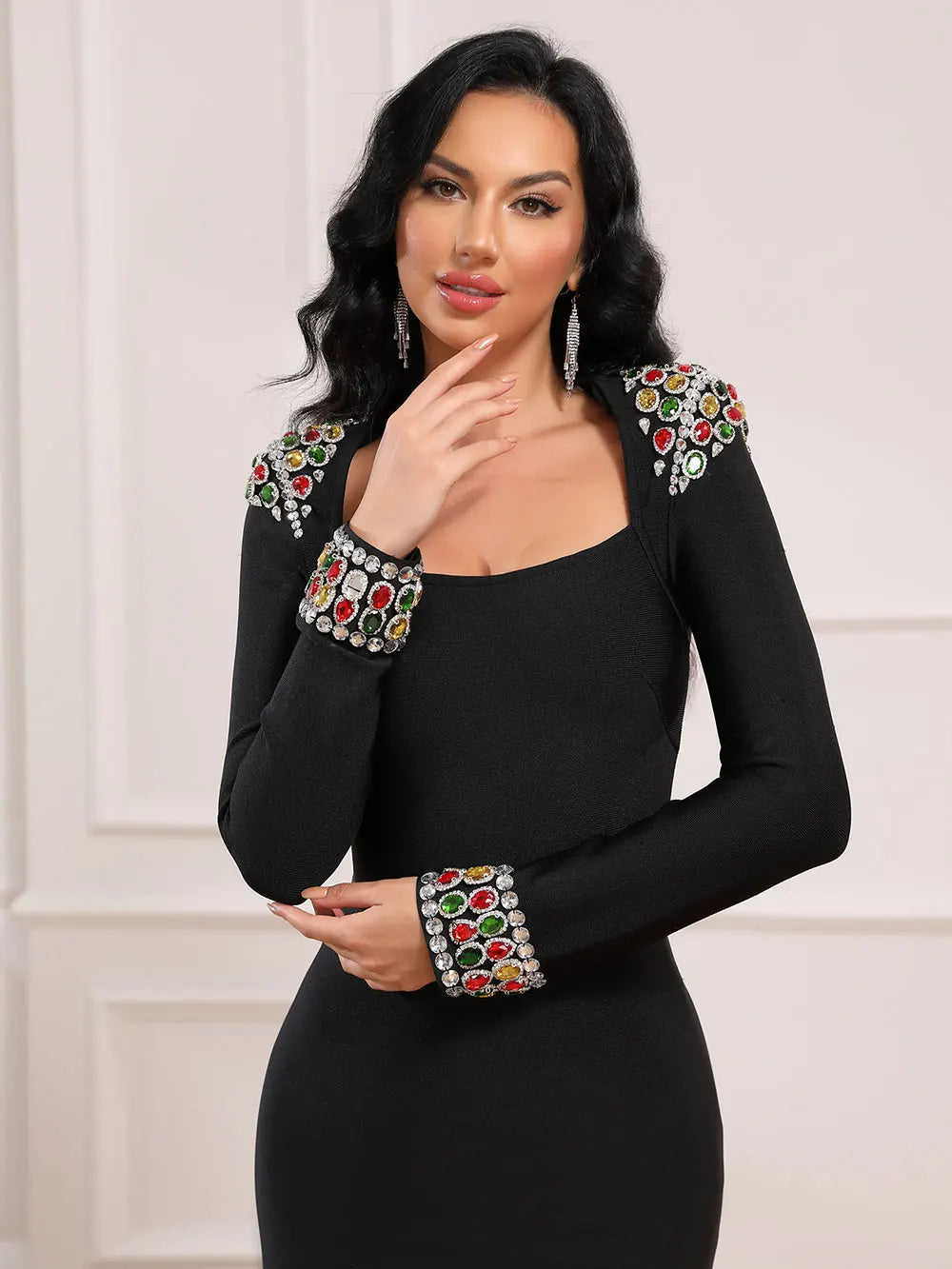 2025 Elegant Women's Light Luxury Nail Bead Bandage Dresses Square Neck Long Sleeve Bodycon Long Dress Evening Party Vestidos