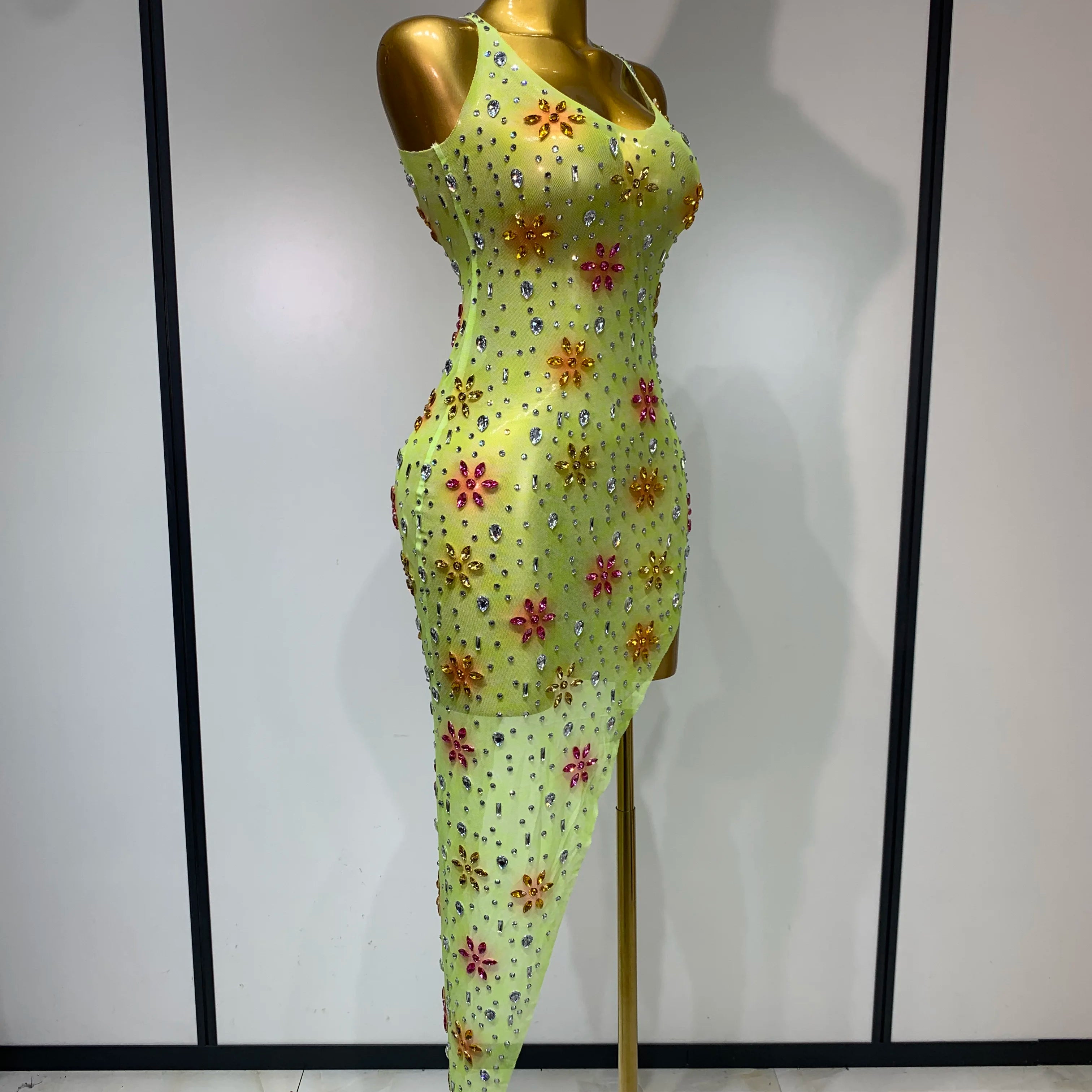 Women Sexy Mesh See Through Stretch Sparkly Rhinestone Performance Costume Stage Dancer Nightclub Party Luxury Birthday Dress