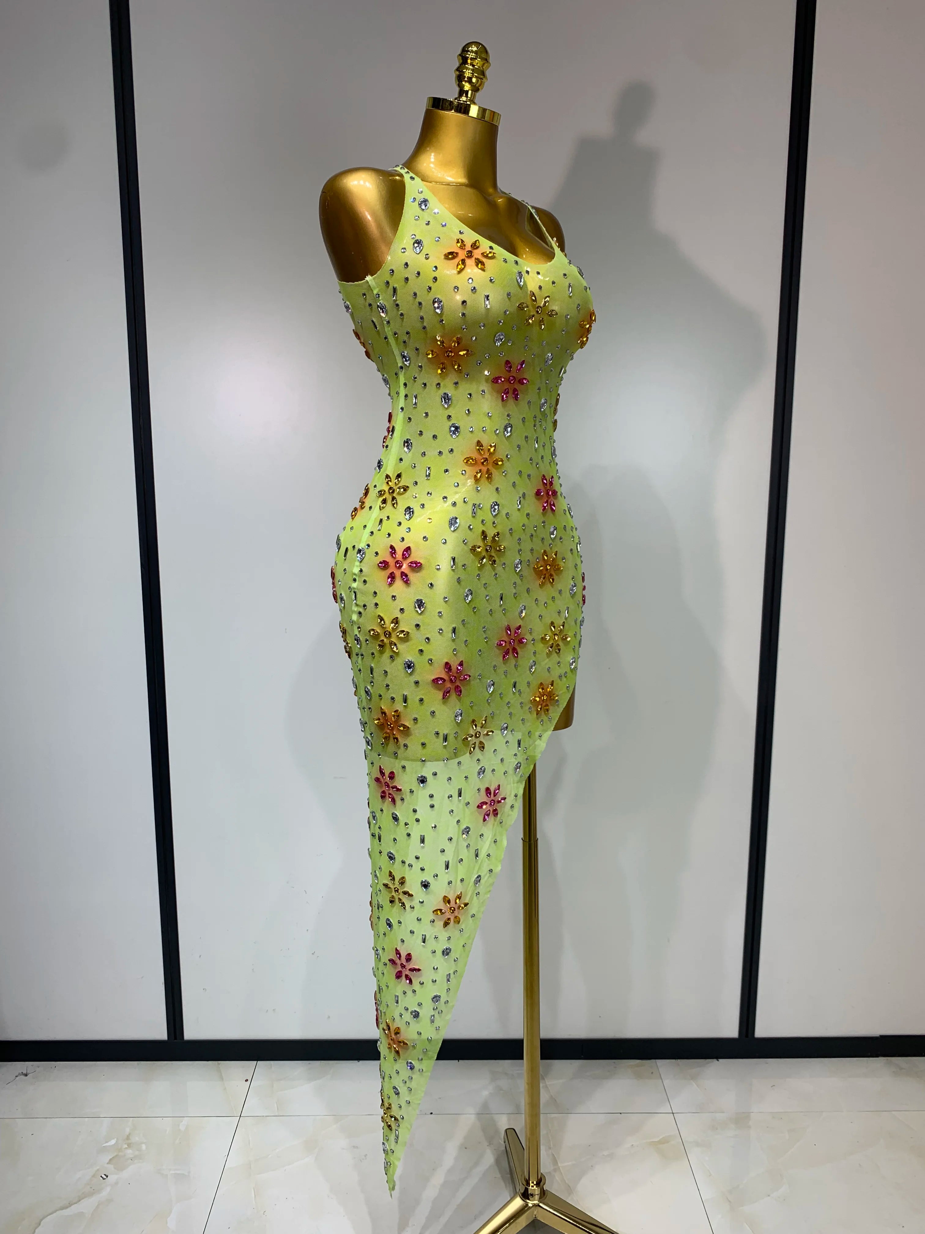 Women Sexy Mesh See Through Stretch Sparkly Rhinestone Performance Costume Stage Dancer Nightclub Party Luxury Birthday Dress