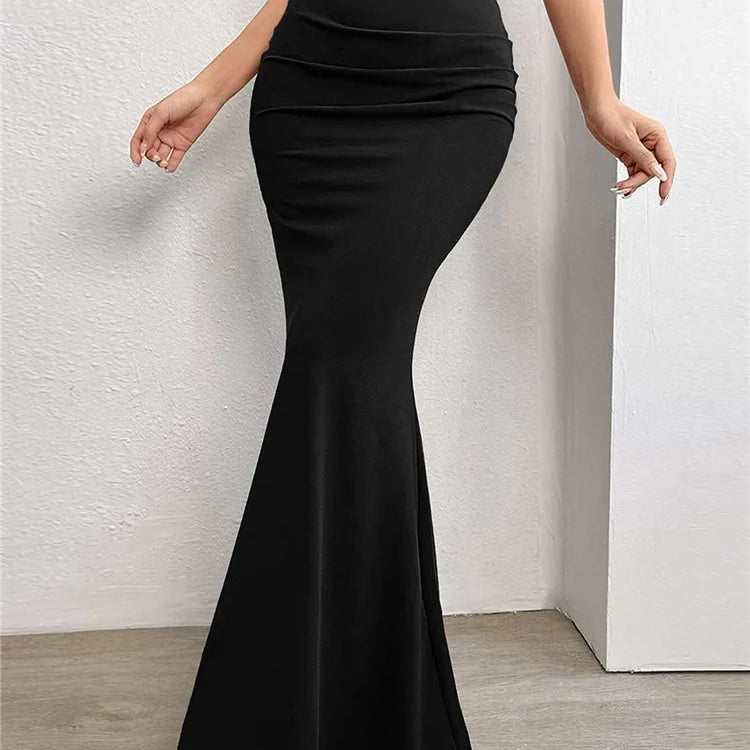Solid Bodycon Ruched Long Skirt Women Sexy Black Elastic Elegant High Waist Mermaid Maxi Skirts Summer Streetwear