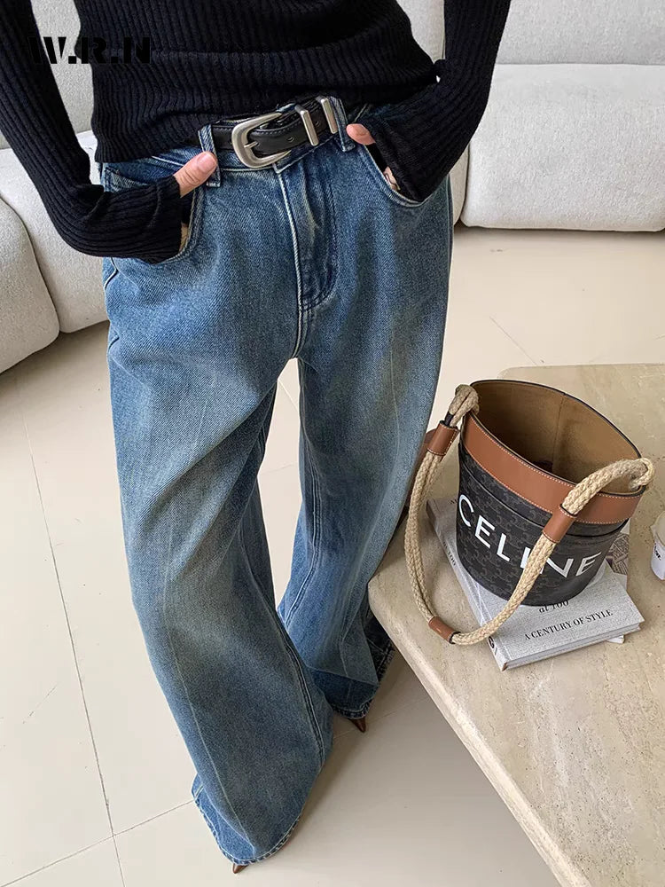 Spring Women's Casual Style Harajuku Jeans Vintage High Waist Oversized Blue Pants Y2K Wide Leg Punk Baggy Denim Trouser