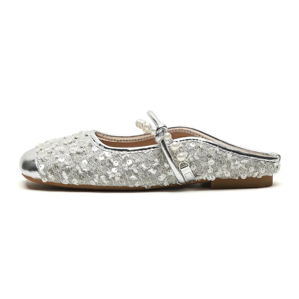 New spring women's outdoor slippers Ladies casual mules Flat shoes Fashionable pearl design Work and party wear 41-43 Silver