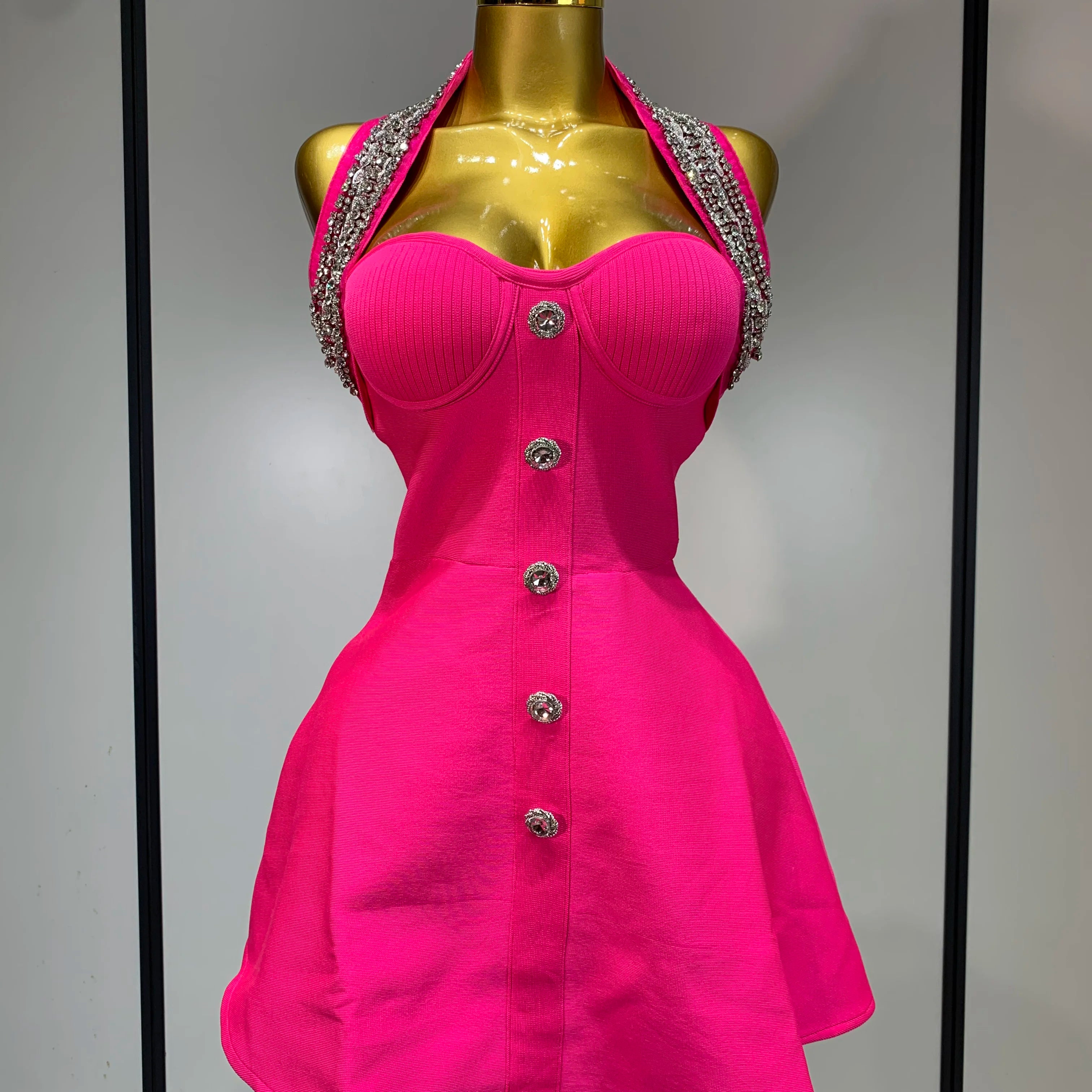 Fashion Women Luxury Party Dress Halter Sleeveless Backless Sparkly Rhinestone Bandage Dresses 2025 Elegant Evening Club Wear Rose Red