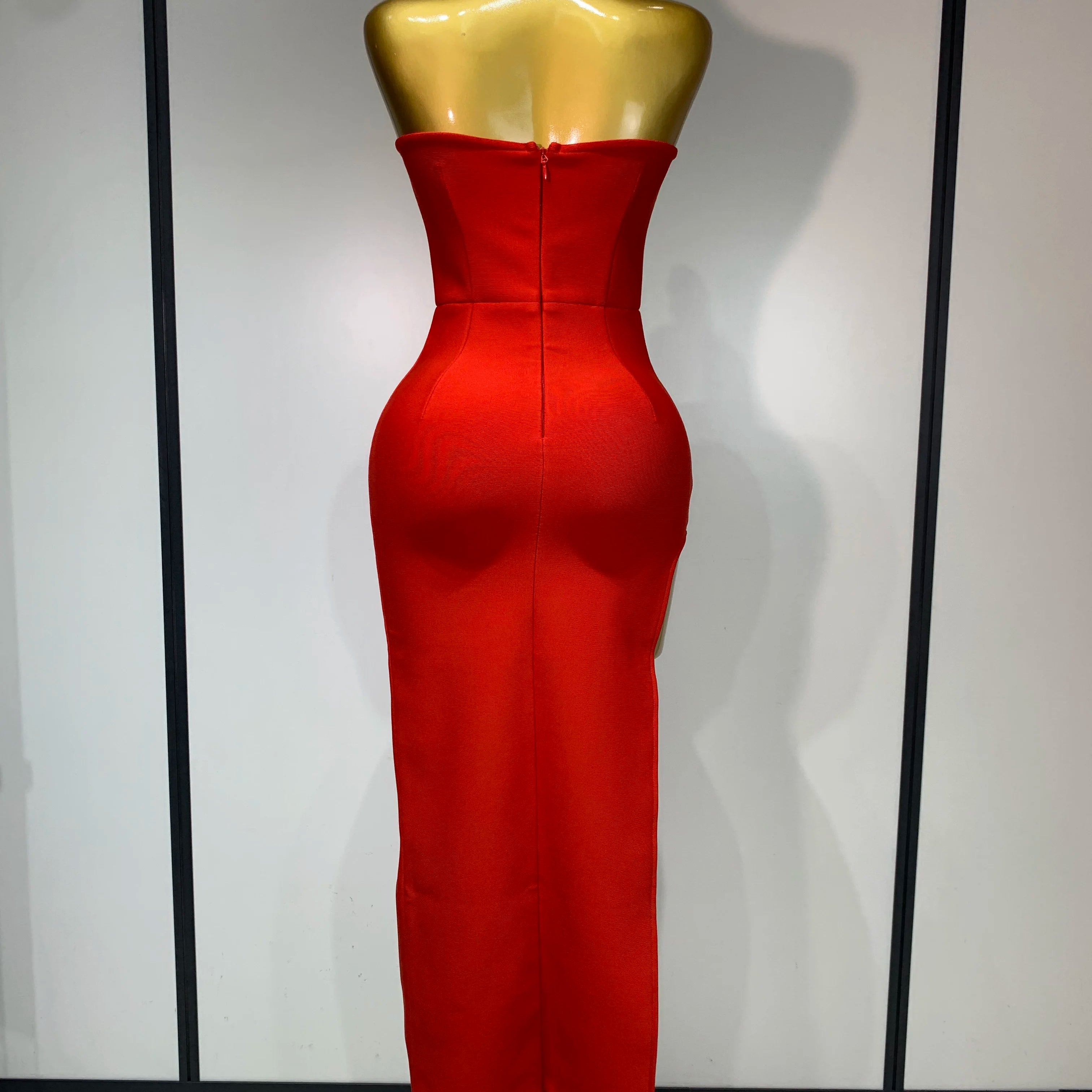 Sexy Red Strapless High Split Long Bandage Dress Luxury Birthday Dress Women Backless Bodycon Dresses Elegant Evening Party Gown