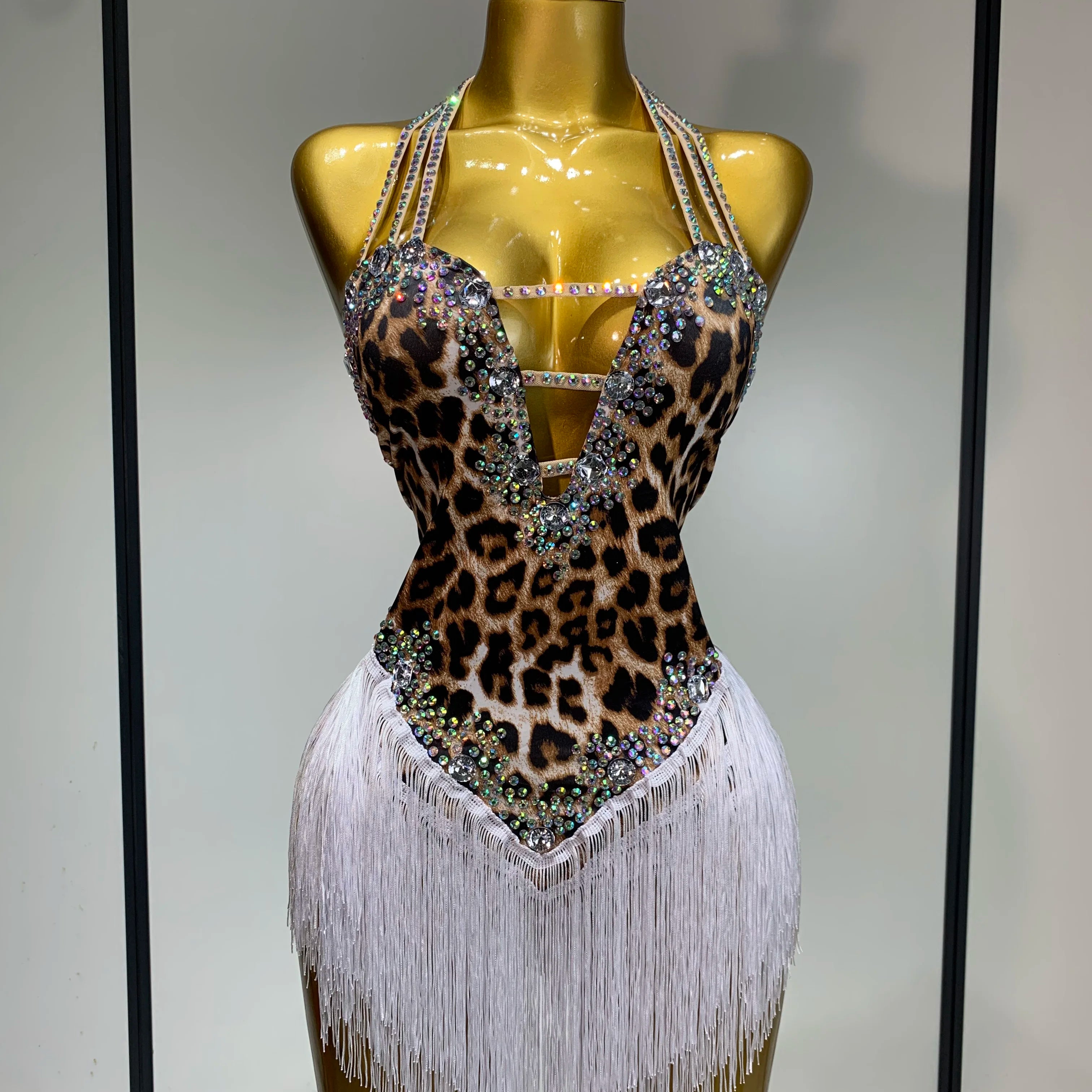 Sexy Backless Sparkly Rhinestones Tassel Leopard Print Bodysuit Performance Dance Costume Singer Dancer Stage Wear Club Outfit Dark Brown