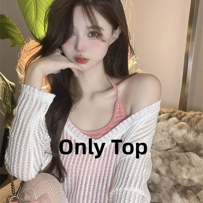 Women's Summer Fashion Hollow Out Shirt+Suspender+Wide Leg Pants Three Piece 2024 New in Matching Set Korean Elegant Tracksuit Pink Top