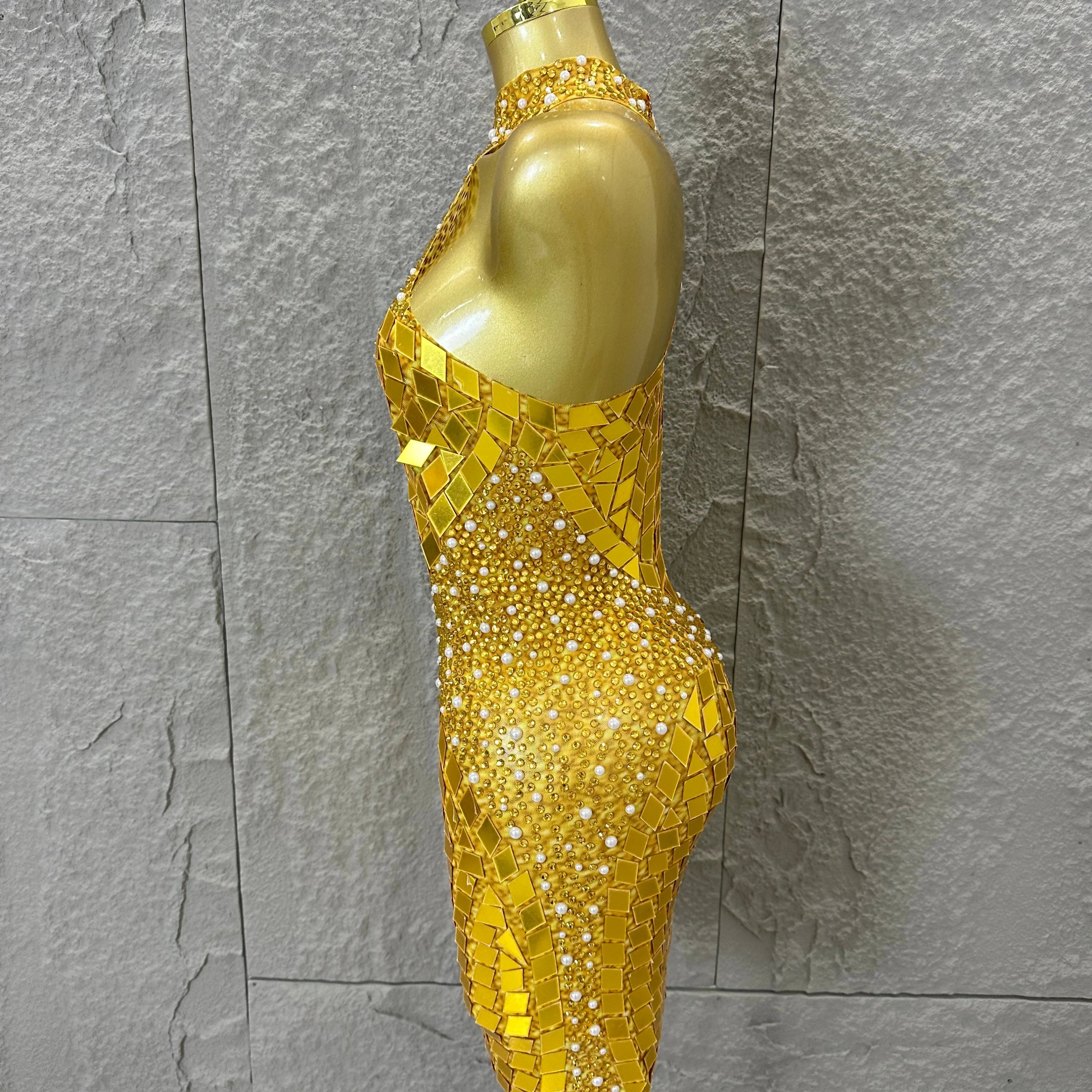 Luxury Gold Halter Neck Mini Dress Diamond Mirror Pearl Beaded Bodycon Nightclub Party Clubwear Outfit