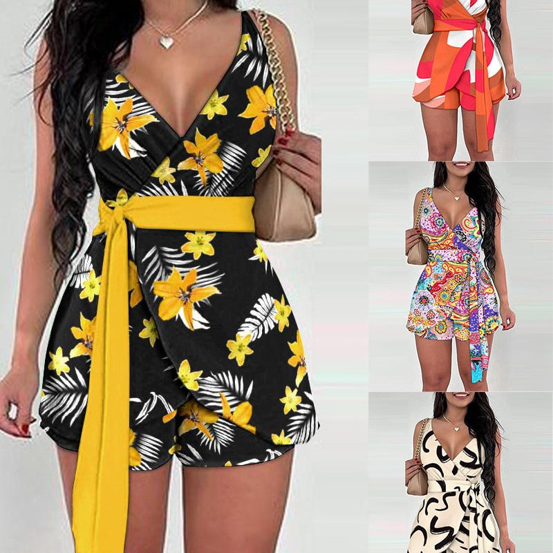 Women Floral Bandanna Printed Sashes Wrap Waist Strap V-neck Skirts Playsuit 2024 Chic Street One Piece Suit Romper