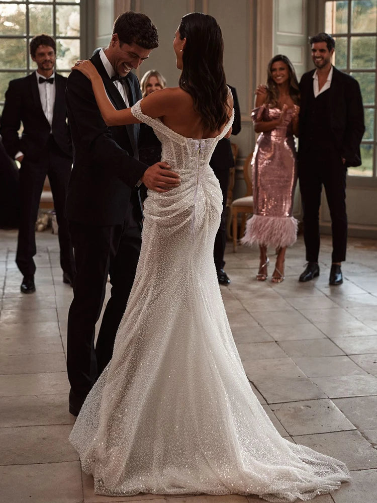 Elegant Sweetheart Neck Ruched Mermaid Wedding Dress Off the Shoulder Sleeveless Bridal Party Evening Gowns Vestido