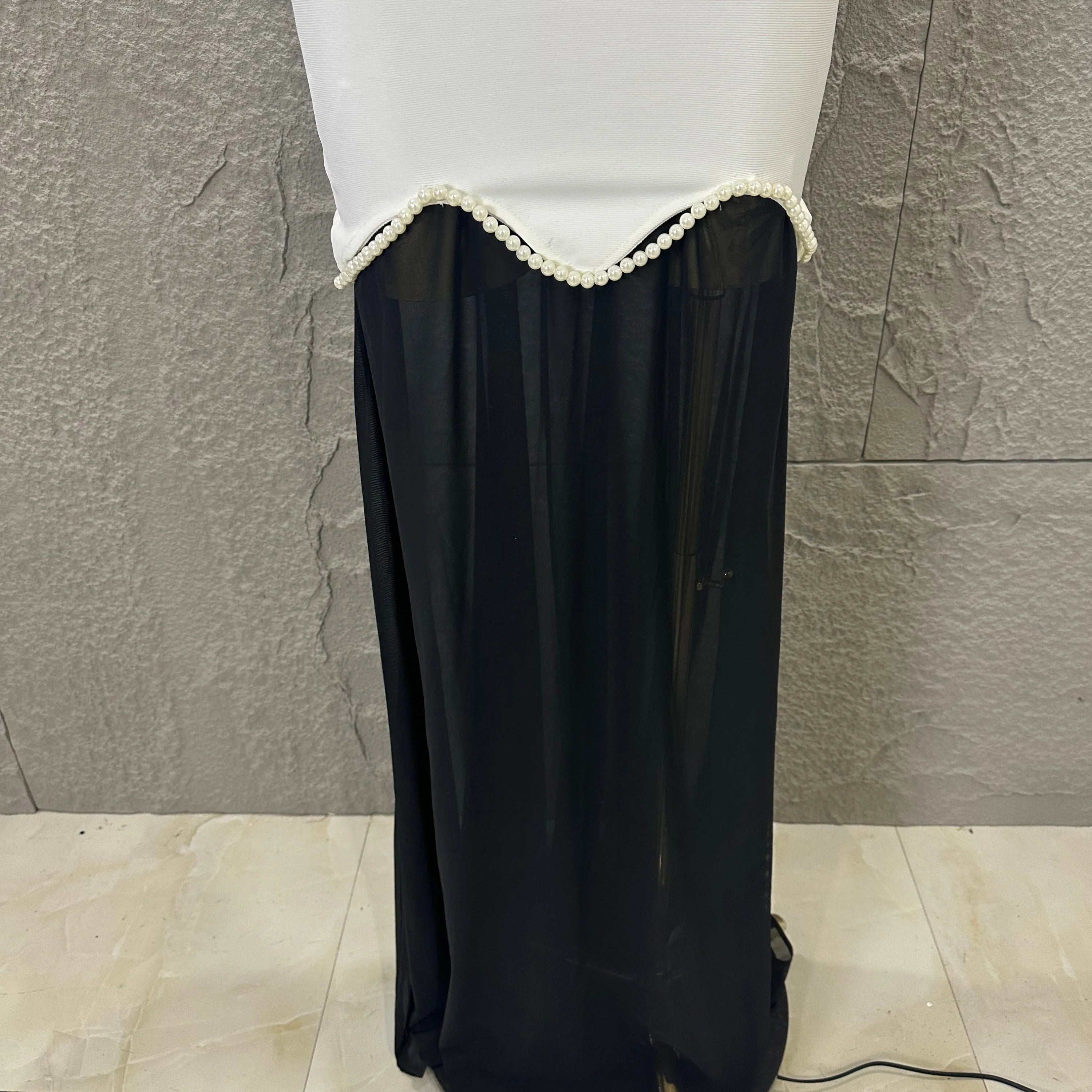 Sexy Black White Maxi Dress Women Sexy Strapless Pearl Embellished Sheer Tulle Bodycon Outfit Formal Event Evening Party Costume