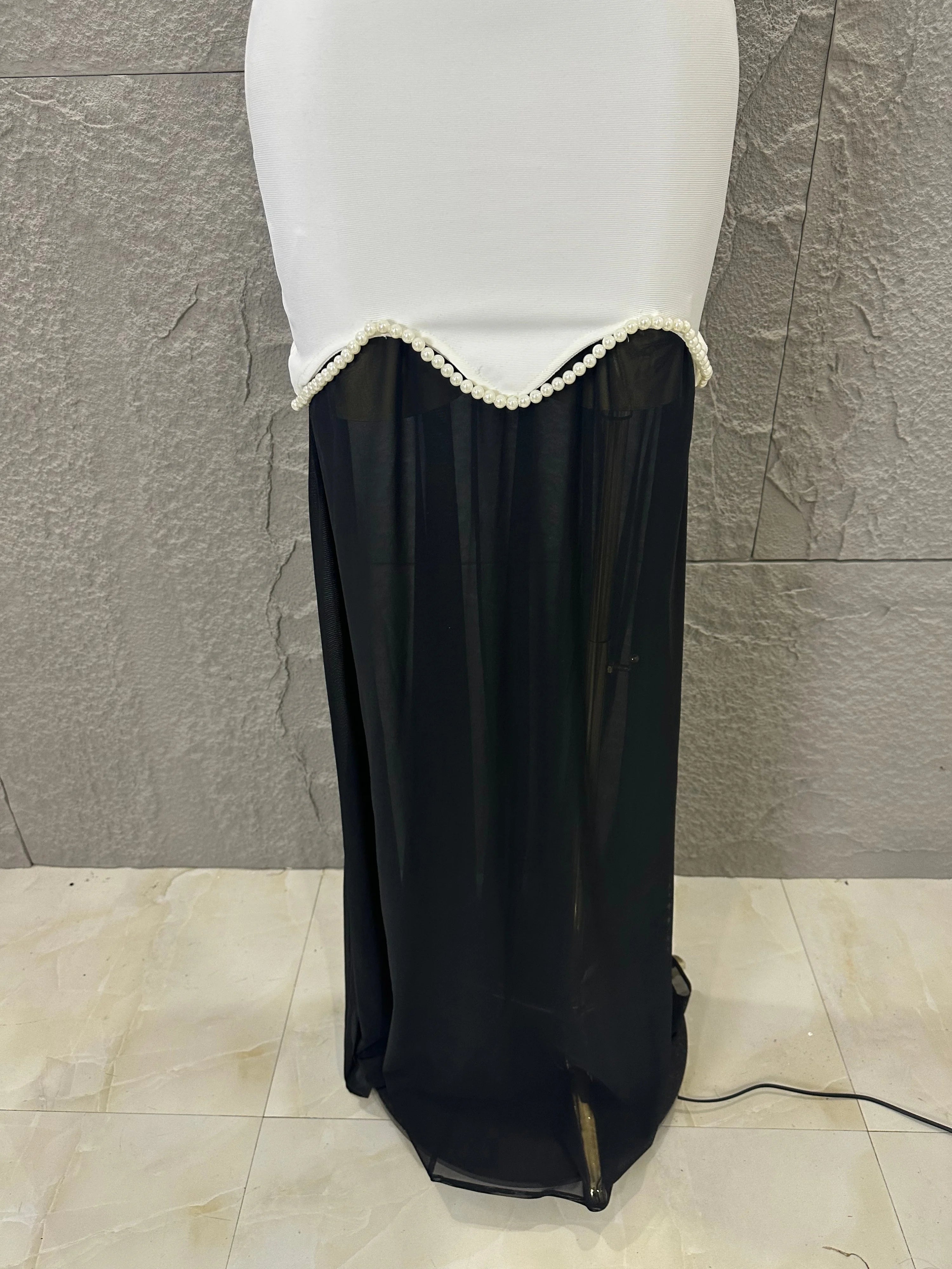 Sexy Black White Maxi Dress Women Sexy Strapless Pearl Embellished Sheer Tulle Bodycon Outfit Formal Event Evening Party Costume