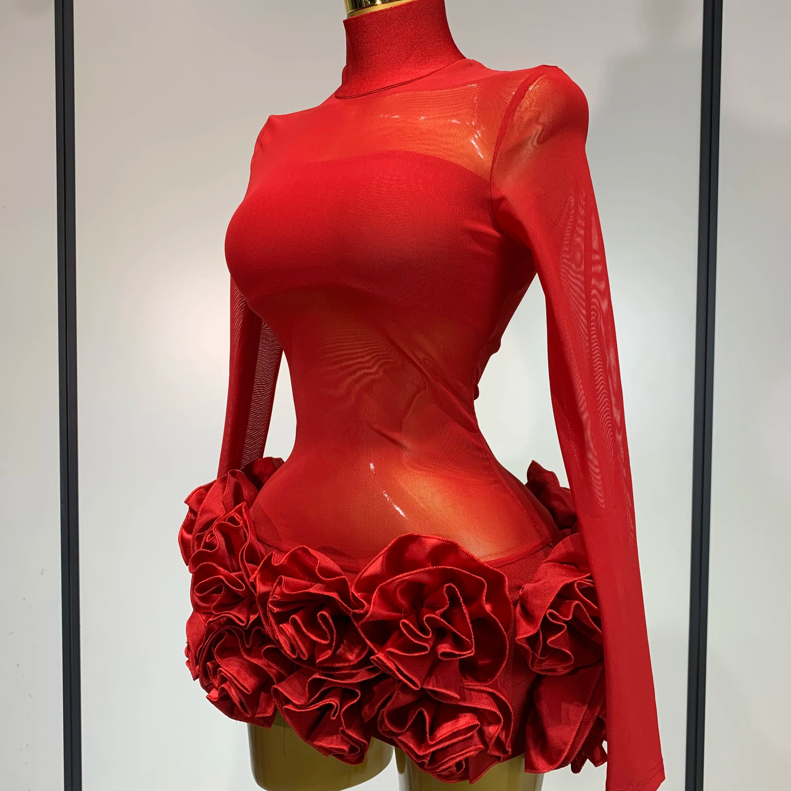 Women Sexy Mesh See through Stereoscopic Flowers Red Mini Bandage Dress Birthday Party Evening Dress Club Singer Perform Costume