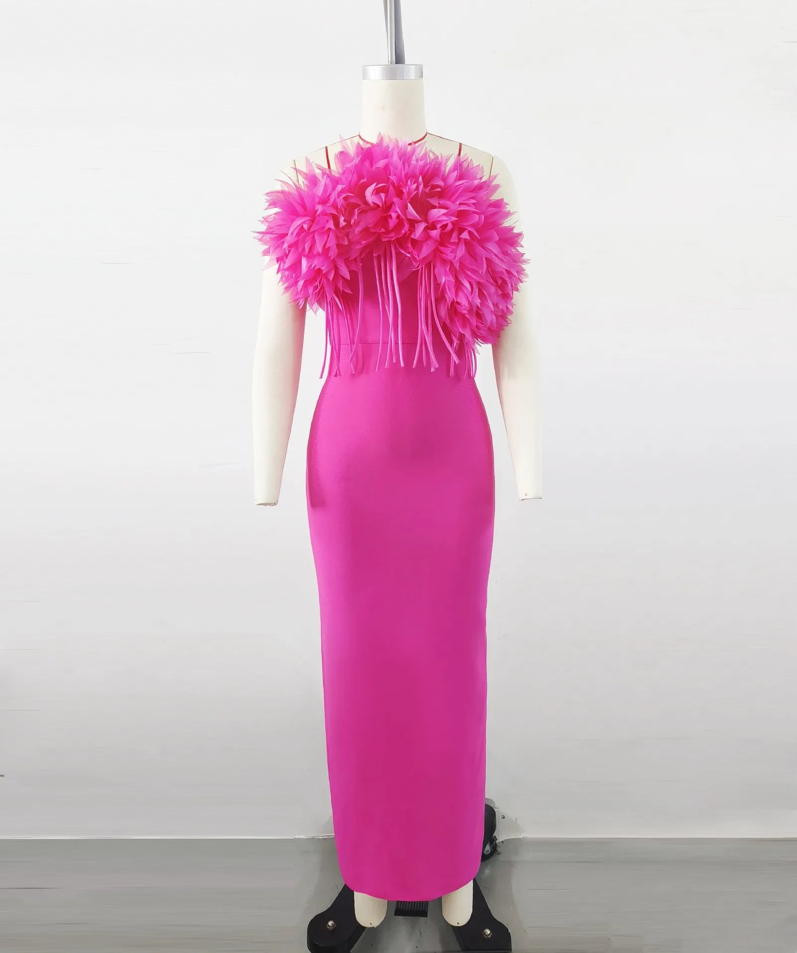 White Red Women Sexy Strapless Feathers Bodycon Long Bandage Dress Celebrate Evening Party Vacation Birthday Outfit Rose Red