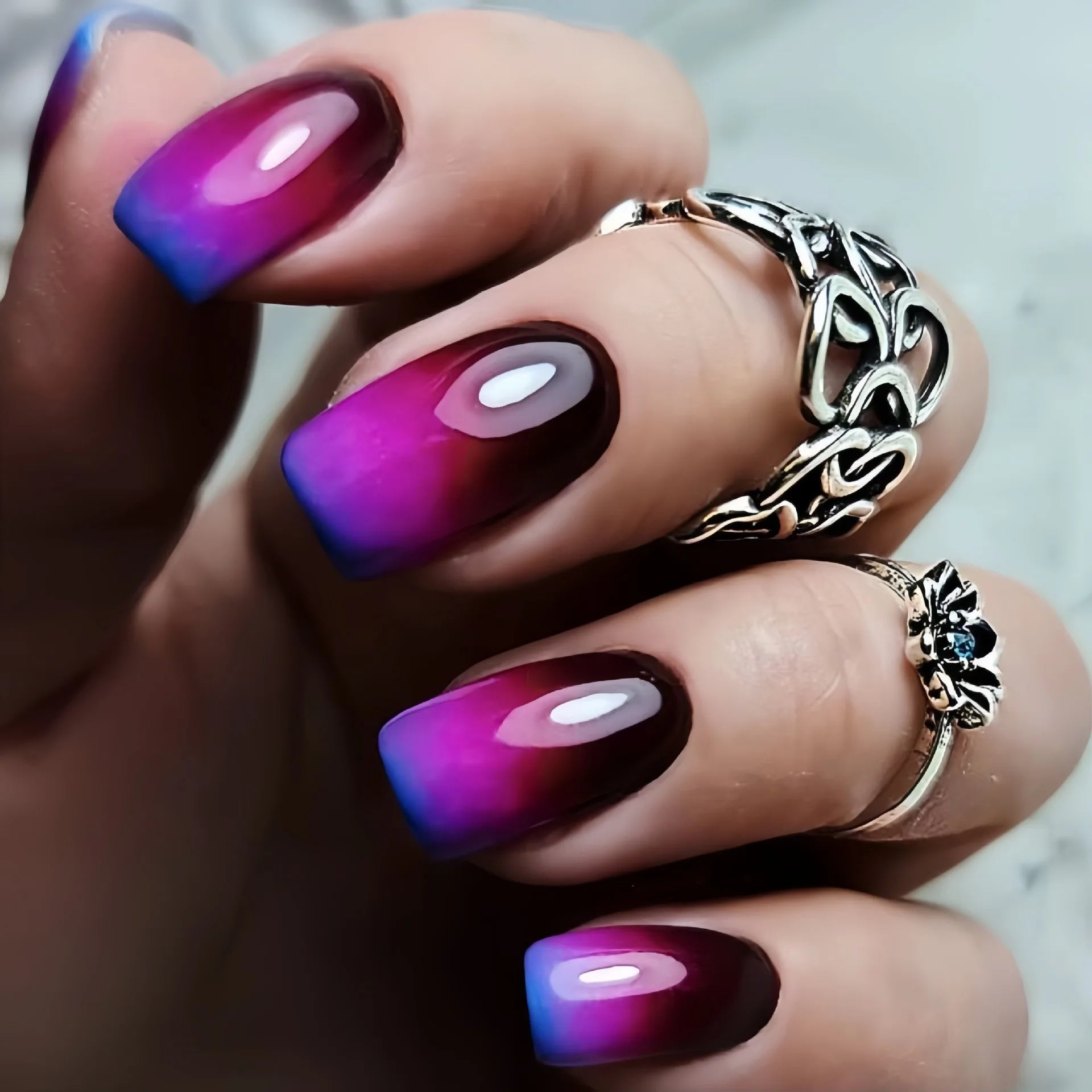 24pcs/set short Medium quare Glossy Ballerina Fake Nails jellyfish blue sea wave flowers geometric design press on false nails 1524