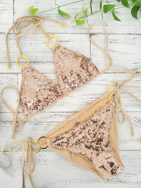 2022 New Sexy Bikinis Sequins Golden Color Women Bandage Bikini Set Push-up Padded Bra Swimsuit Suit Swimwear 2570 2570 NO 1