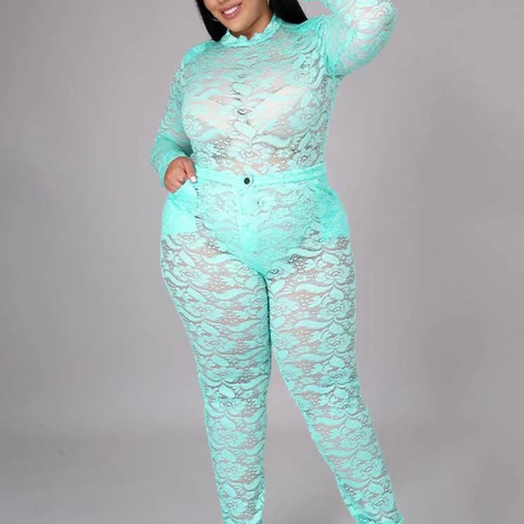 Chic and Elegant Woman Set Night Club Wear Plus Size Women Hot Outfit Transparent Lace Bodysuit and Pants Sexy Festival Outfit Mint