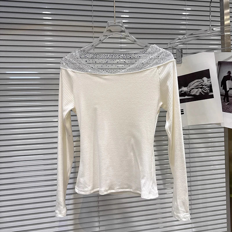 Winter New Elegant Fashion Shiny Rhinestone Mesh Off-Shoulder T-Shirt For Women Patchwork Tops Female Trend 11A07654