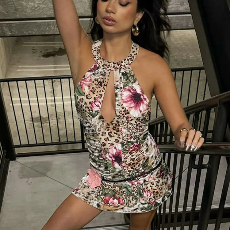 Hollow Out Halter Print Mini Dress For Women Robe Fashion Sleeveless Backless High Waist Ruffled Club Party Dress