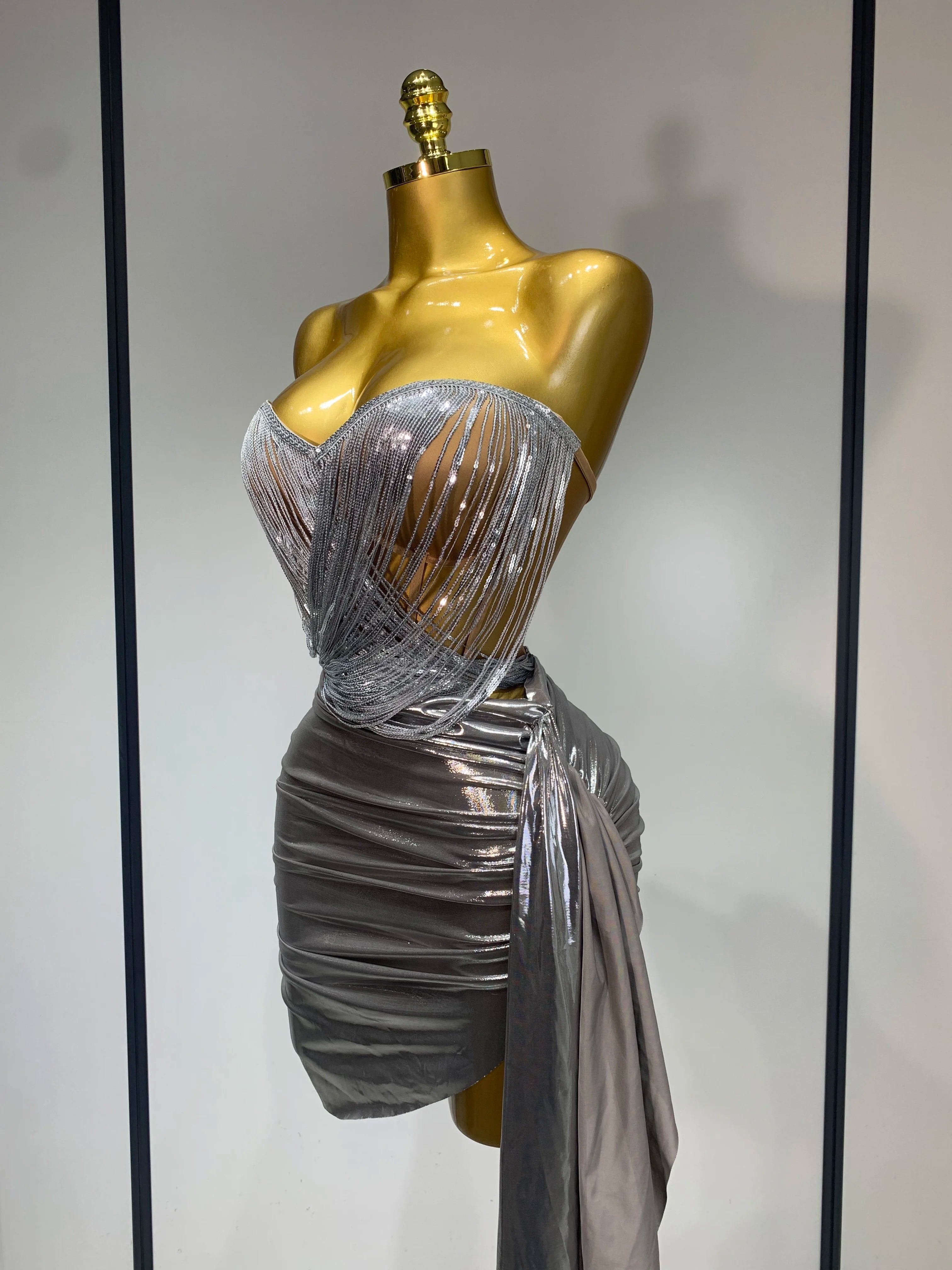 Sparkly Sequin Two Piece Set Sexy Strapless Backless Women Outfit Evening Party Nightclub Stage Performance Dance Costume