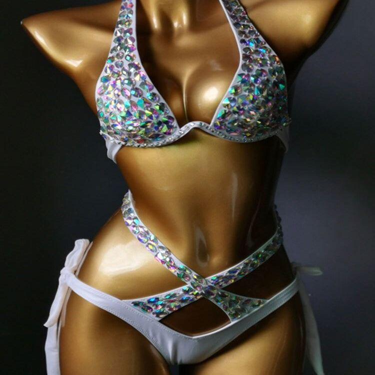 Swimwear Bikini Sets Swimsuit 2024 Summer Beach Shiny Crystal Rhinestone Padded Push Up Bikinis Set Outfits For Women White 1