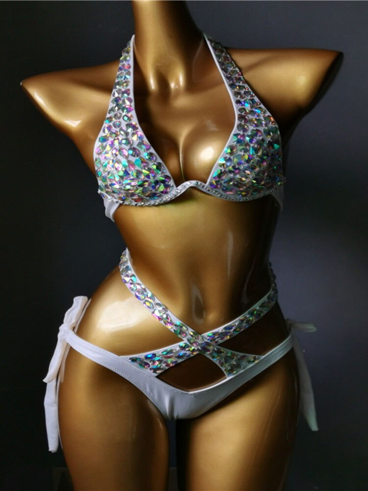 Swimwear Bikini Sets Swimsuit 2024 Summer Beach Shiny Crystal Rhinestone Padded Push Up Bikinis Set Outfits For Women White 1