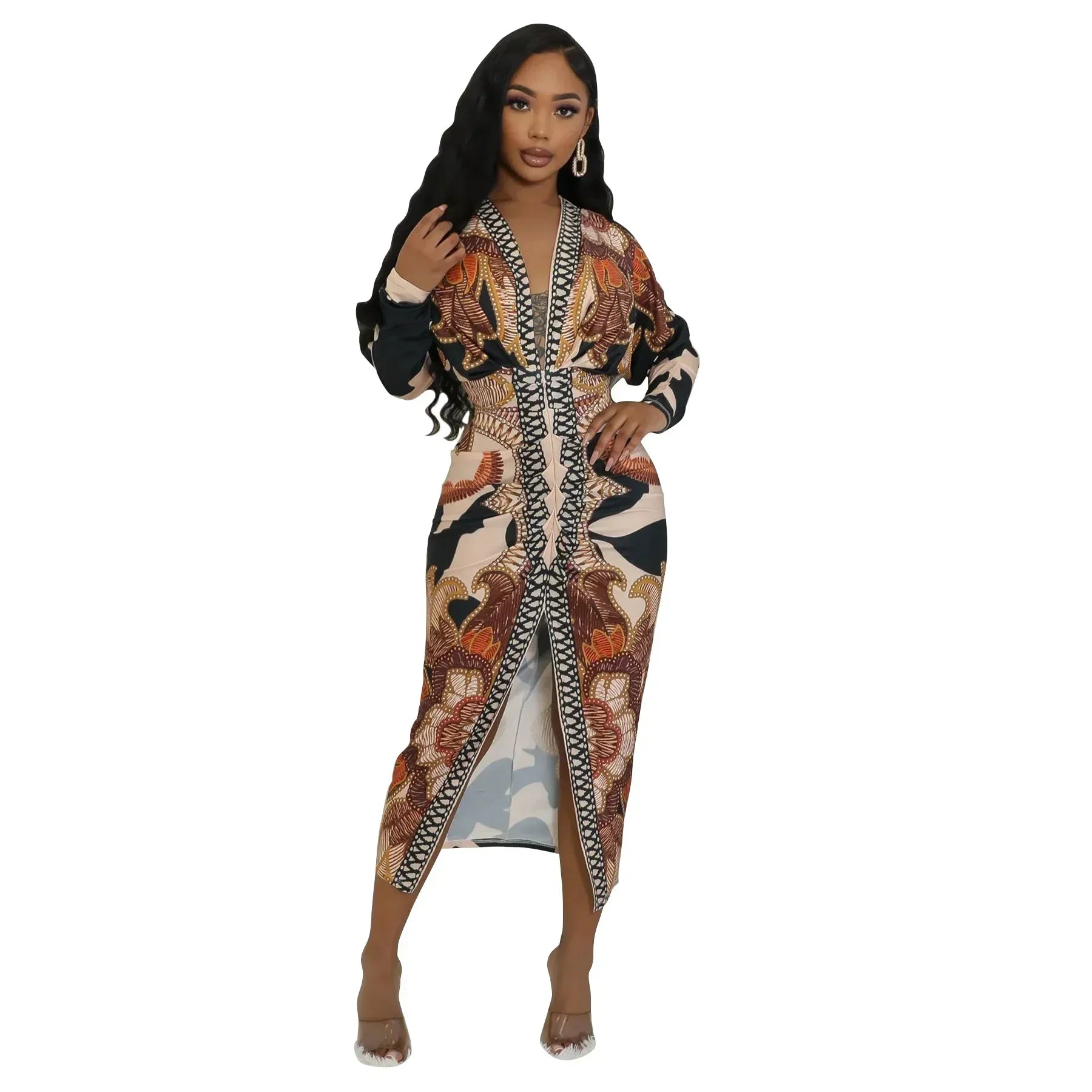 2024 Autumn V-neck Ruched Stacked Midi Dress Women Full Sleeve Print Bodycon Night Club Party Bandage Dresses Vestidos color 02