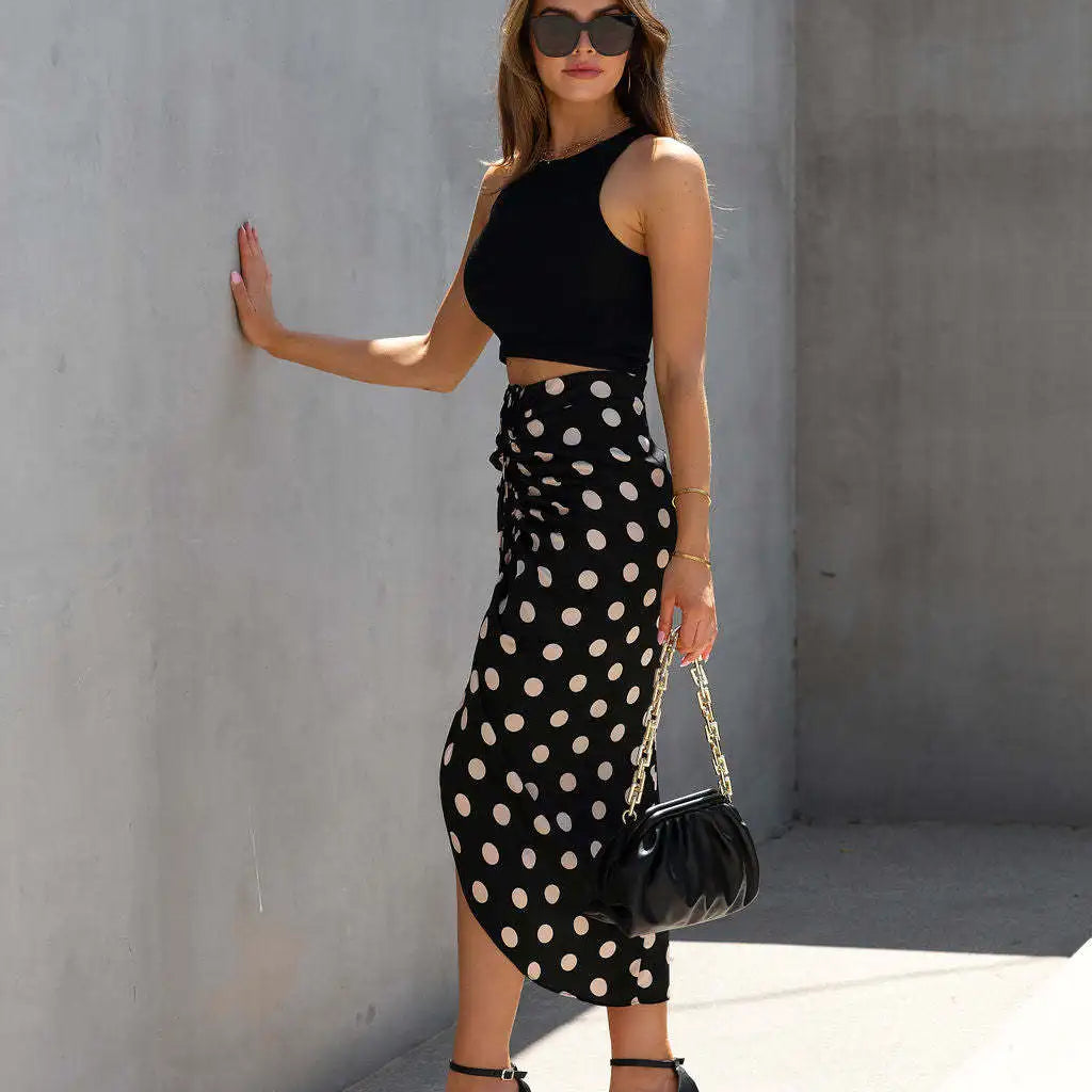 Spring Summer New Women Front Pleated Skirt Polka Dot Drawstring Mid Length Skirts Ladies Street Trendy Casual Chic Skirt
