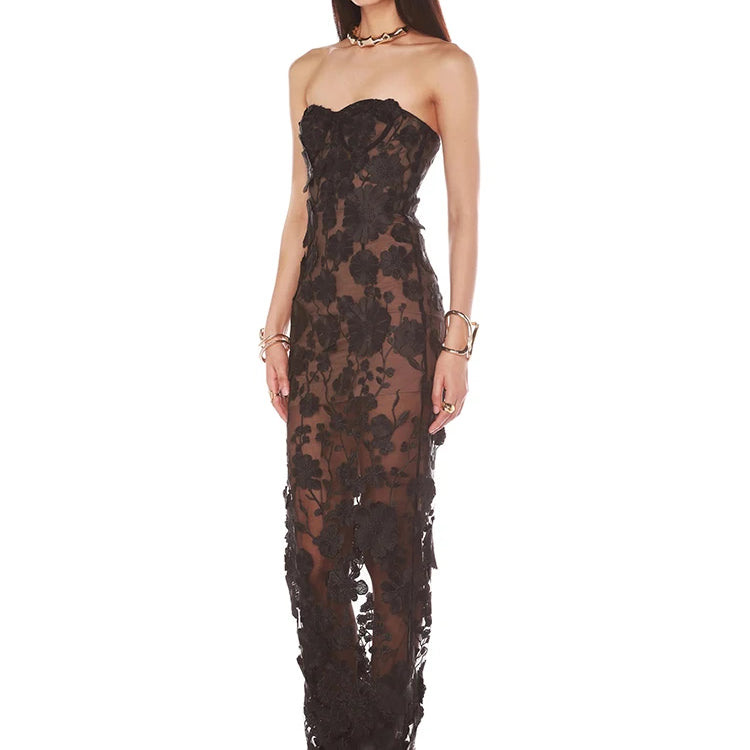 Glamorous Black Strapless Mesh Dress with 3D Floral Embellishments and Side Slit for Stylish Evening Gown