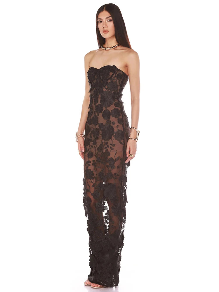 Glamorous Black Strapless Mesh Dress with 3D Floral Embellishments and Side Slit for Stylish Evening Gown
