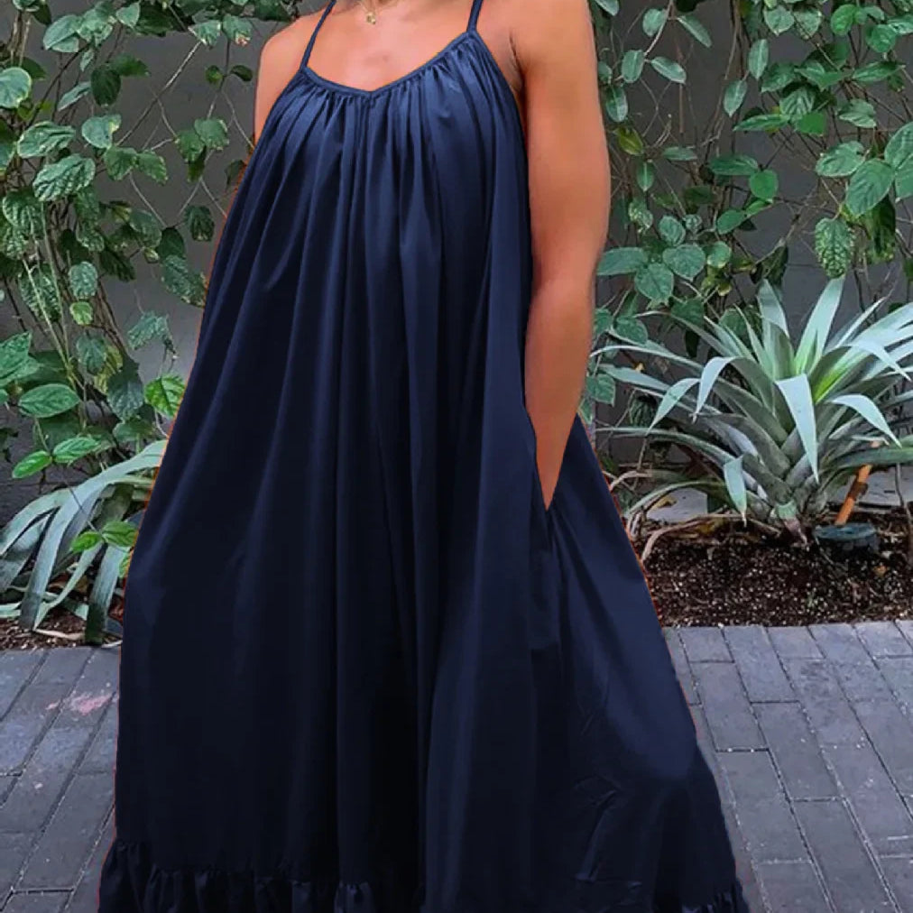 CMYAYA Women Summer Long Maxi Dress Sexy Sleeveless Strap Loose Beach Party Night Club Bandage Female S-5XL Dresses Vestido DEEP BLUE