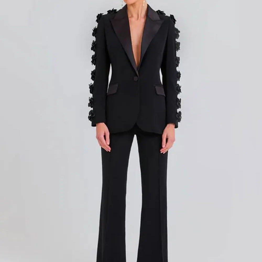 2024 Women Suit Pants Set with Collar, Long Sleeve, Three Dimensional Flower Decoration, Slim Fit Suit Coat+Two Piece Pants Set