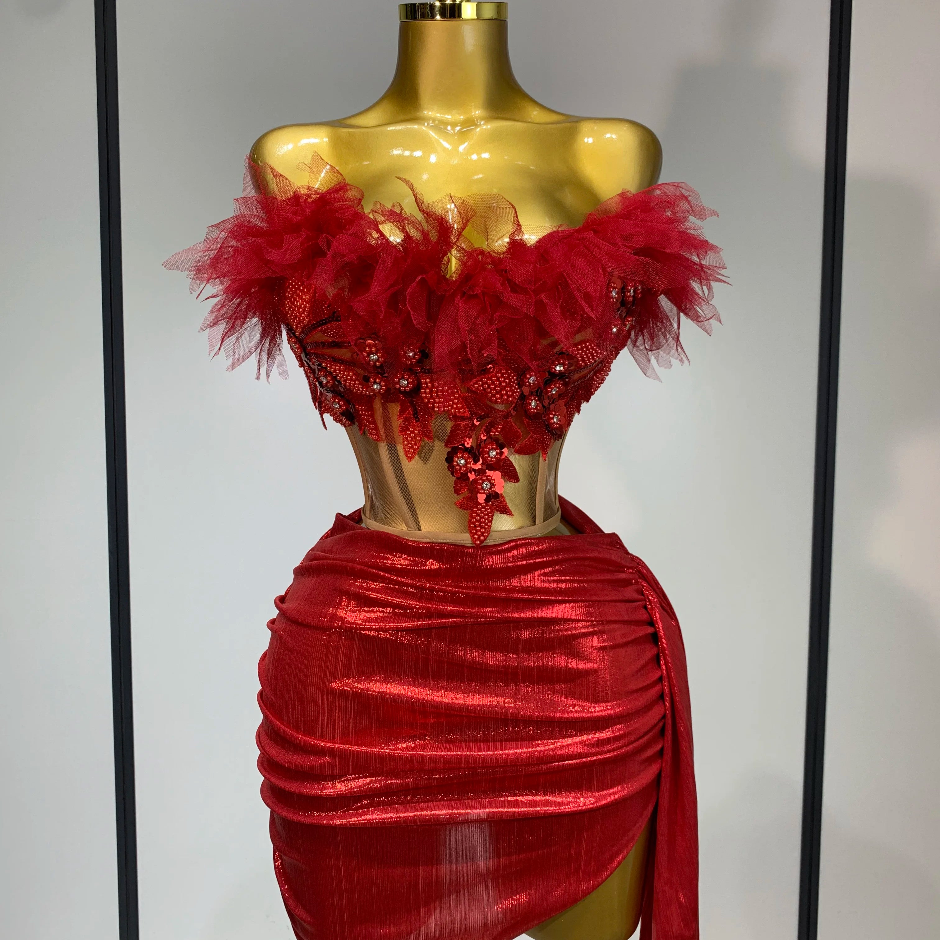 Women Sexy Two Pieces Set Beading Bodycon Mini Dress Nightclub Evening Party Celebrate Birthday Bar Singer Performance Costume