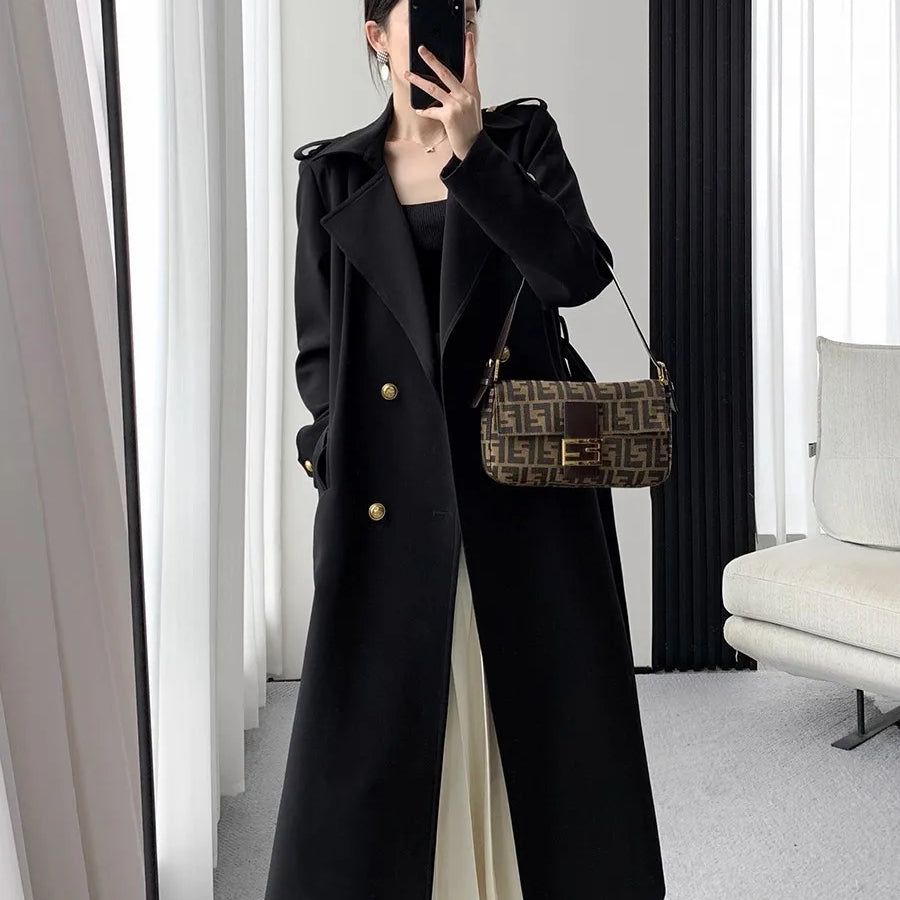 Lautaro Spring Autumn Long Black Trench Coat for Women Gold Buttons Double Breasted Elegant Chic Luxury Designer Clothes 2025