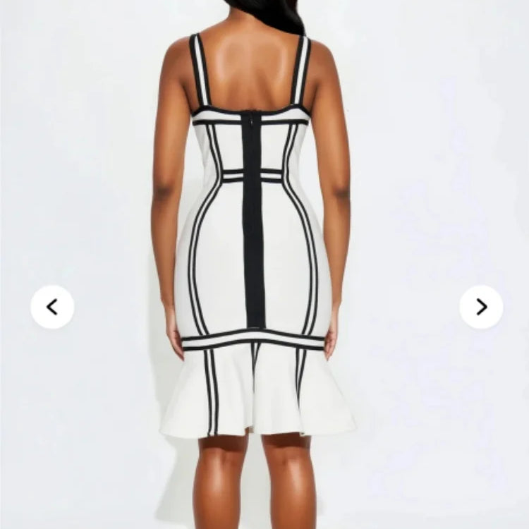 Women Sleeveless Sexy Square Collar Patchwork Bodycon Bandage Midi Dress Nightclub Party Celebrate Birthday Outfit