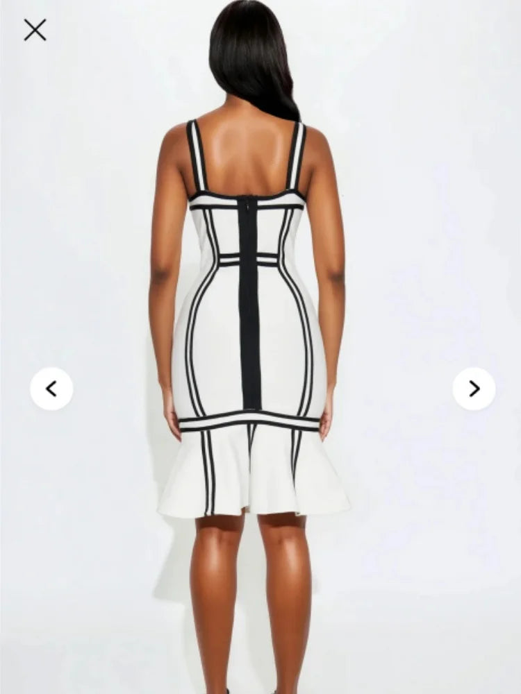 Women Sleeveless Sexy Square Collar Patchwork Bodycon Bandage Midi Dress Nightclub Party Celebrate Birthday Outfit