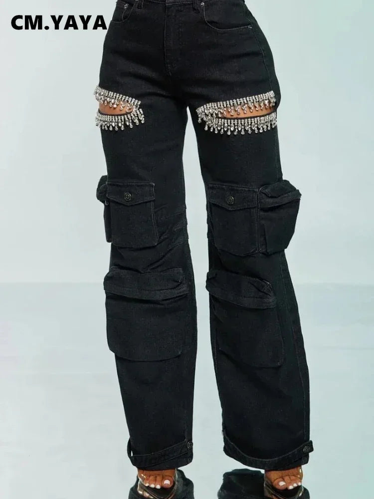 Women Cutout Diamonds Crystal Hollow Out Straight Denim Pants 2024 Fall Multi Pocket High Waist Wide Leg Jeans Trousers