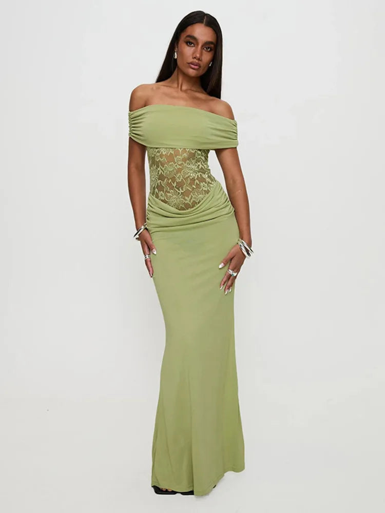 Off-shoulder Strapless Sexy Maxi Dress For Women Green Lace Sheer Sleeveless Backless Bodycon Club Party Long Dress green