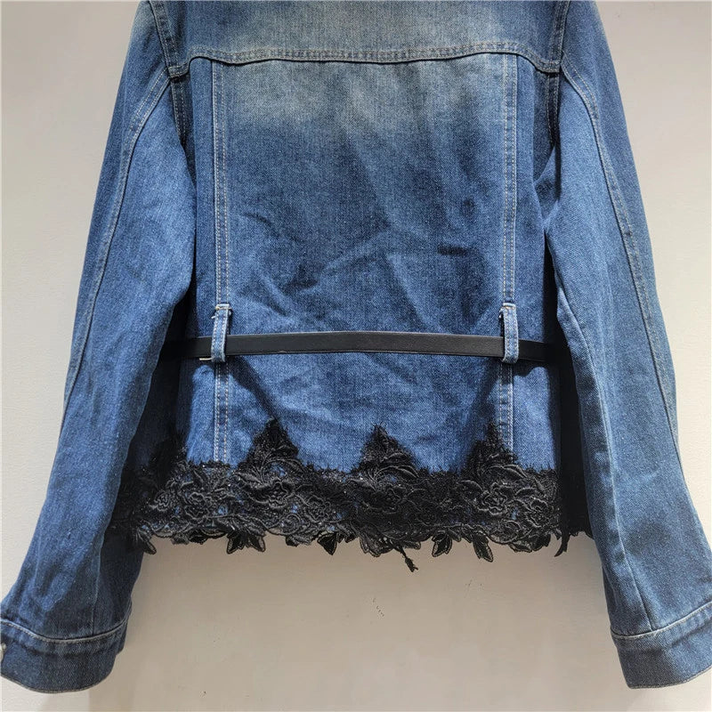 Autumn New Fashion Patchwork Diamond Single-breasted Double Pocket Pleated Lace Trim Denim Jacket For Women 11A07629
