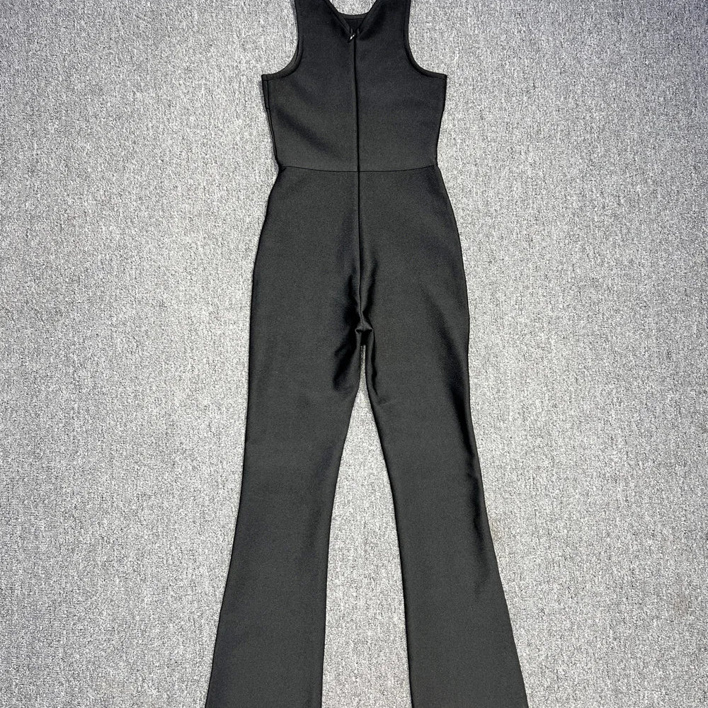 Black Color Women Sleeveless Sexy Rivet Bodycon Bandage Jumpsuit Fashion Celebrate Nightclub Party Homecoming Wear